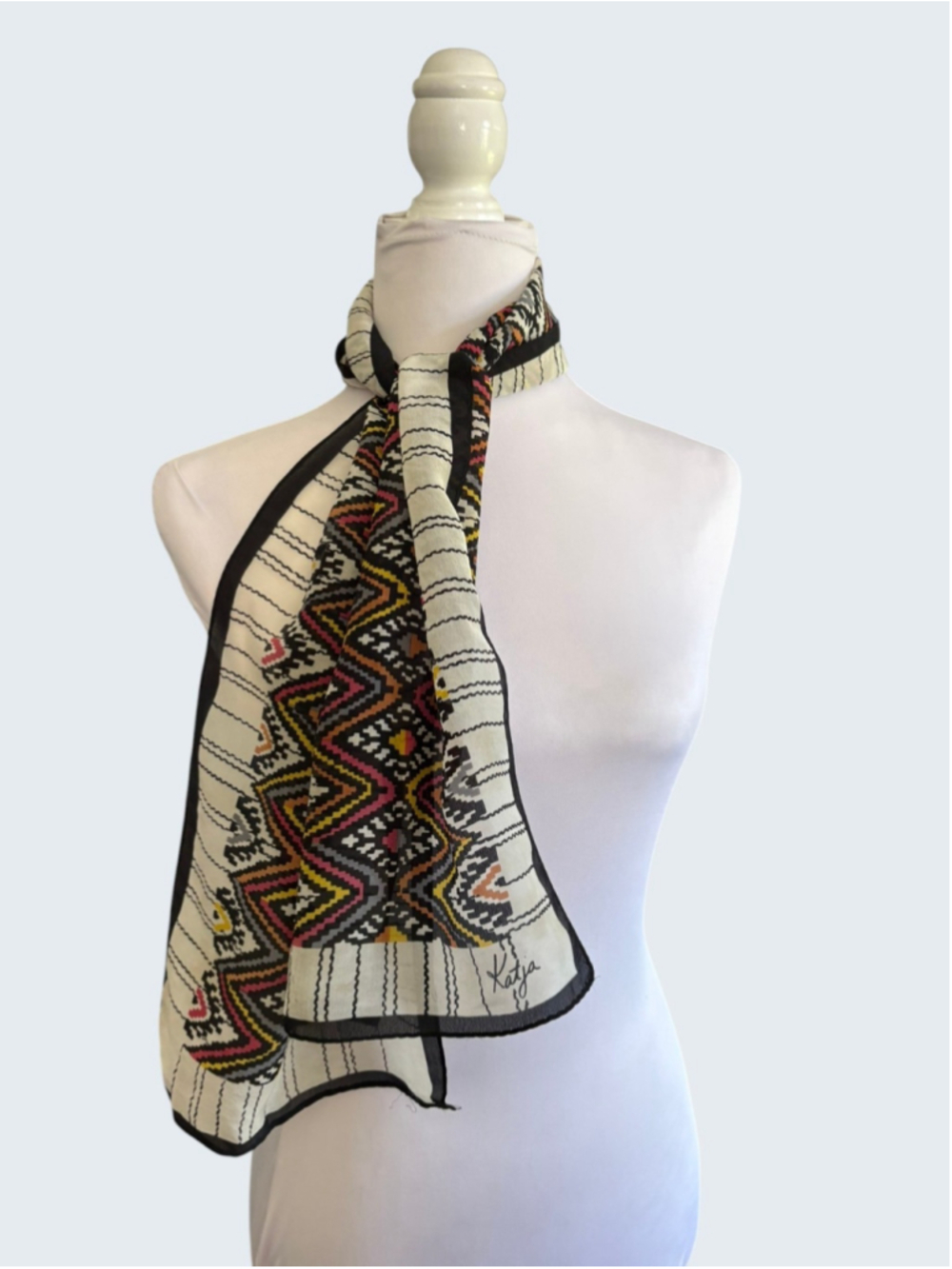 Vintage 70s Katja for XIIX Karat Katacrepe Scarf Geometric SW Chevron Silk Japan - Picture 4 of 13